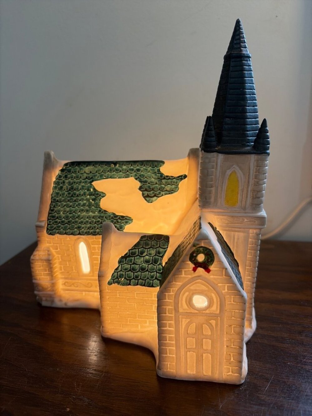 Vintage Ceramic Christmas Village Church Light-Up Decor w/ Green Roof & Steeple